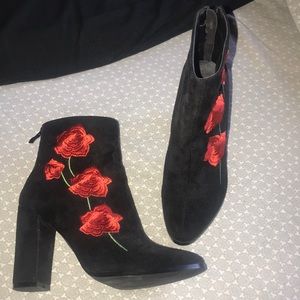 Faux black suede red rose embroidered booties